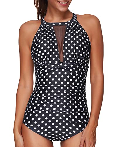Ruched Monokini See-Through Mesh Women One Piece Swimsuit-Black
