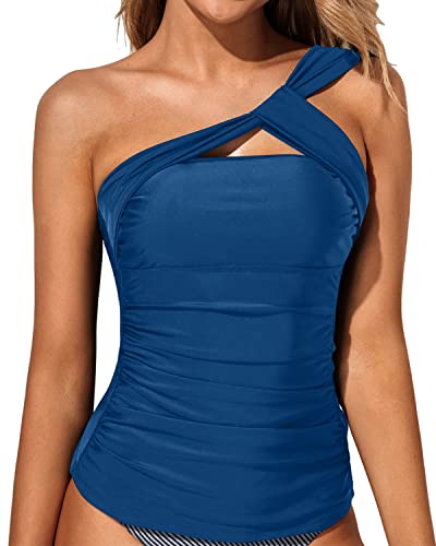 Flattering One Shoulder Swimsuit Top Padded Bra Swim Tops-Blue