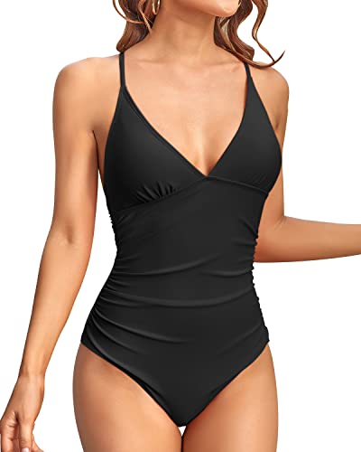 Women Sexy Lace Up One Piece Swimsuit Deep Plunge V Neck Bathing Suits