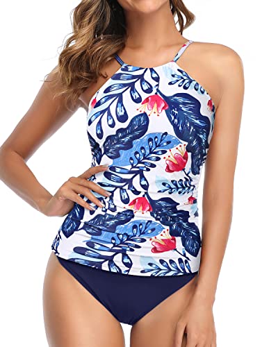 High Neck Ruched Tummy Control Two Piece Tankini Swimsuit-Blue – Tempt Me