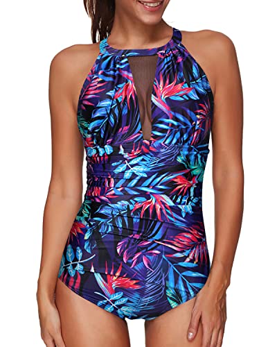 Fashionable Plunge Neck Mesh Monokini Women One Piece Swimsuit-Blue Le ...